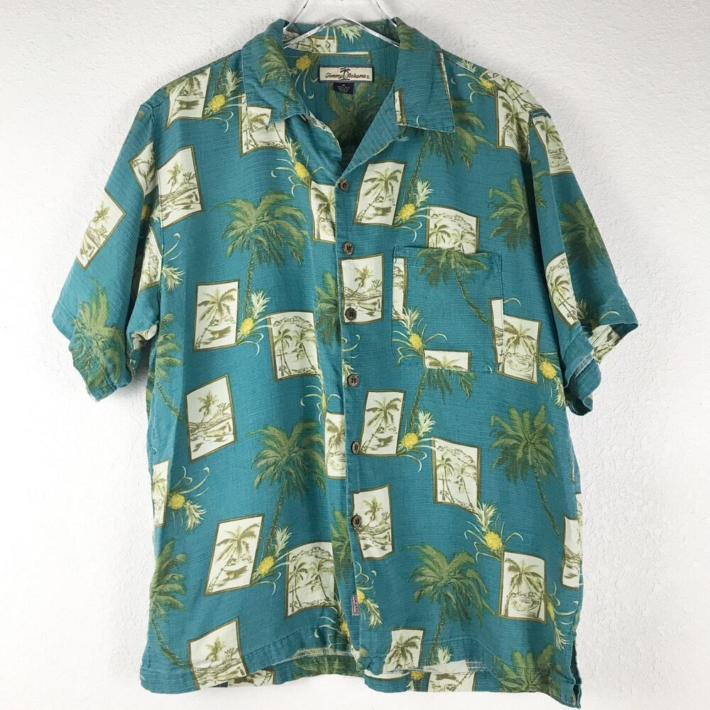 Tommy Bahama 100% Silk Tropical Palm Tree Pineapple Print Hawaiian Shirt Size M